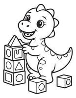 Cute Baby Dinosaur Stacking Blocks and Playing Coloring Page vector