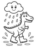 Dinosaur Walking in the Rain with Rubber Boots - Line art Coloring Page vector