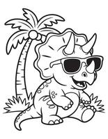 Cute Triceratops Dinosaur Relaxing under a Palm Tree with Sunglasses Coloring Page vector