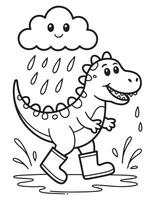 Dinosaur Walking in the Rain with Rubber Boots - Coloring Page vector