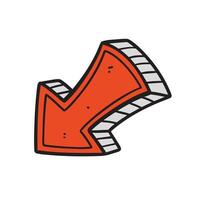 Hand drawn curved red arrow pointing down left with thick black outline and 3D effect. Ideal for infographics, directions, UX UI design, comic elements, and promotional visuals. vector