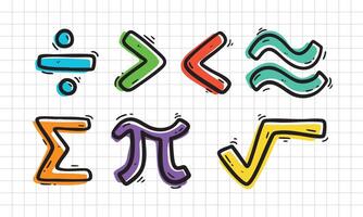 Set of colorful hand drawn math symbols including division, greater than, less than, approximately, summation, pi, and square root. Fun and creative elements on grid background for educational design. vector