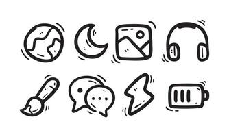 Collection of 8 hand-drawn doodle icons in bold black lines including globe, moon, image, headphone, brush, chat, lightning, and battery. Perfect for creative UI, apps, or notes illustrations. vector