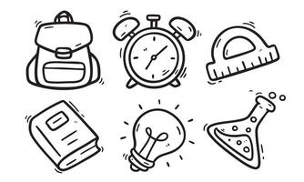 Set of 6 hand drawn black line doodle icons including backpack, alarm clock, protractor, book, light bulb, and lab flask. Ideal for school, education, and creative learning design projects. vector