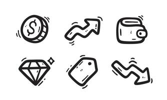 Collection of 6 hand drawn black line doodle icons including coin, growth arrow, wallet, diamond, price tag, and down arrow. Perfect for finance, business, and e-commerce design projects. vector