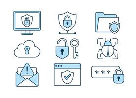 Icon collection representing cyber security concepts such as firewall, password, encryption, malware, phishing, data protection, cloud security, and network safety in modern line style. vector