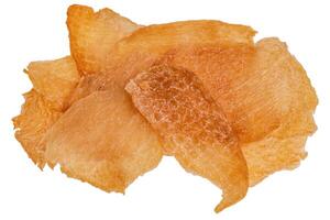 Slices of raw jerky chicken meat isolated on white. Meat snack. photo