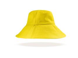 A long yellow bucket hat floating on a white background. photo