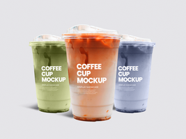 Three cups of juice with three different flavors on a plain background mockup psd