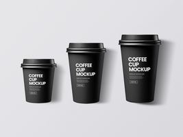 Three cups of coffee of various sizes on a plain background mockup psd