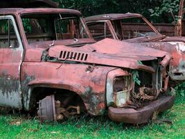 old car is sitting in a grassy field photo