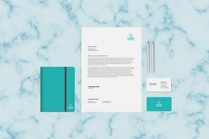 Green Notebook Stationary Mockup Front View Design with marble Background psd