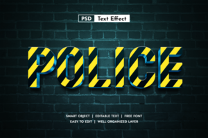 Bold Police Stripped Yellow and Black 3D Text Effect. Editable Authority Font Style for Security Designs, Warning Signs, and Law Enforcement Graphics psd