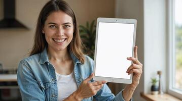 Smiling woman showing digital tablet with blank white screen at home, copy space concept for app or website promotion photo
