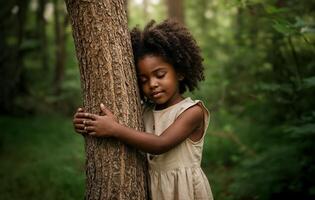 Little girl hugging tree in forest, peaceful connection with nature and environmental awareness concept, copy space photo