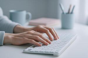Hands typing on wireless keyboard at white desk, modern workspace concept, remote work or online learning, minimal office design photo