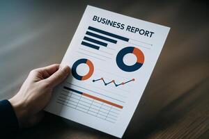 Close-up of business report with analytics charts, financial performance data, strategic planning tool, marketing and investment presentation photo