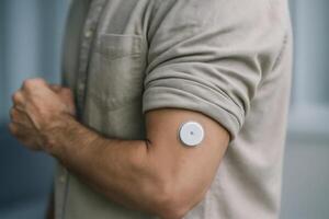 Glucose monitoring sensor on male arm, wearable diabetes tech, health tracking and medical technology in use photo