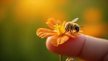 Bee on orange flower petal touching human finger, gentle interaction with nature, environmental harmony concept, macro close-up photo