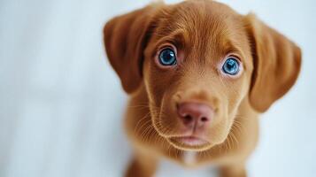Charming brown puppy with blue eyes gazing directly up at the camera from above. Adorable brown puppy with striking blue eyes looks directly up at the camera, displaying an innocent curious expression photo
