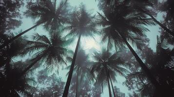 An artistic shot looking up through palm trees, capturing nature's beauty. The photograph captures a tranquil scene of tropical palm trees, the silhouettes reaching towards the blue misty evening sky. photo