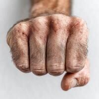 Close-up of a clenched fist showcasing rough skin texture and details, symbolizing strength and determination in a powerful gesture photo