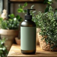 Brown Bottle with Green Blank Label Mockup for Shampoo or Soap or Conditioner , 0.5ml photo