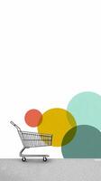 Minimalist Shopping Cart on White Background with Colorful Circles - Playful Flat photo