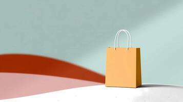 Vibrant Yellow Shopping Bag on White Surface with Colorful Background - Bold Minimalist photo
