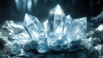 Sparkling quartz crystals cluster, dark cave background, fantasy scene, website design photo