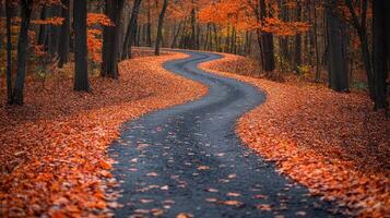 Winding autumn road through colorful forest photo