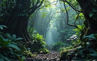 Thick tropical rainforest covered in delicate mist, capturing vibrant greenery and a serene mood perfect for eco-tourism, conservation campaigns, or nature-inspired artwork photo