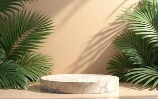 Elegant tropical podium with smooth natural stone beige texture, embraced by fresh tropical leaves, delivering a clean and luxurious feel suitable for high-end natural product displays photo