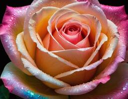 Surreal and luxurious iridescent rose glowing softly on a dark background, expertly lit in a studio setting to emphasize depth, color vibrancy, and elegant floral details photo
