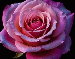 Detailed surreal rose with an iridescent glow against a dark background, illuminated by professional studio lighting to create a captivating and luxurious visual experience photo