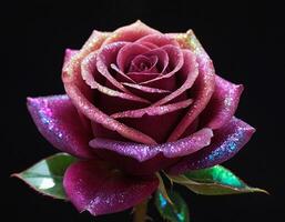 Iridescent glowing surreal rose on dark background, enhanced with studio lighting for a luxury, ethereal floral image with deep color tones and captivating artistic appeal photo