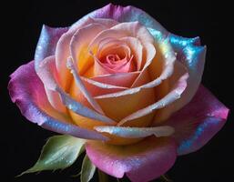 Beautiful surreal rose featuring an iridescent glow with dark background contrast, illuminated by studio light to capture luxurious details and dreamy floral aesthetics photo