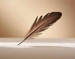 Graceful single feather gently floating with soft lighting in a minimalistic elegant style, ideal for peaceful, natural, or beauty-themed digital and print designs photo