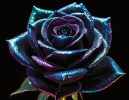 Luxurious surreal rose with iridescent glow on a dark background, captured with stunning studio light to highlight elegant textures and vibrant colors for premium artistic use photo