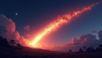A comet is seen in the sky above a field photo