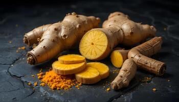 Preparing Ginger Root Whole and Sliced on Dark Surface photo