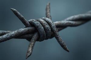 A close-up view of rusted barbed wire with sharp points, creating a sense of barrier, restriction, and weathered history photo
