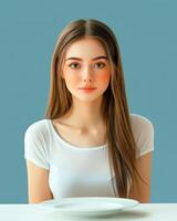 Woman with long brown hair is sitting at a table with a white plate in front o photo