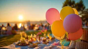 Colorful balloons at sunset picnic by the lake, creating a festive vibe. photo