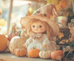 Doll with a witch hat is sitting on a table with pumpkins photo