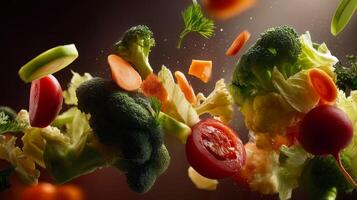 Fresh colorful vegetables in motion against a dark background. photo