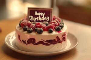 small Cake with a happy birthday sign on top photo