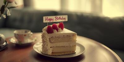 White cake with a red ribbon and the words Happy Birthday on it photo