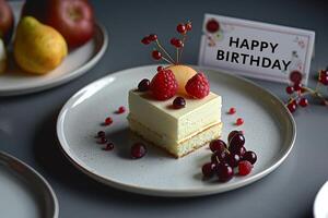 White cake with raspberries on top and a sign that says Happy Birthday photo