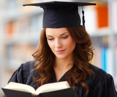 Graduate in cap and gown reading a book in library setting. photo